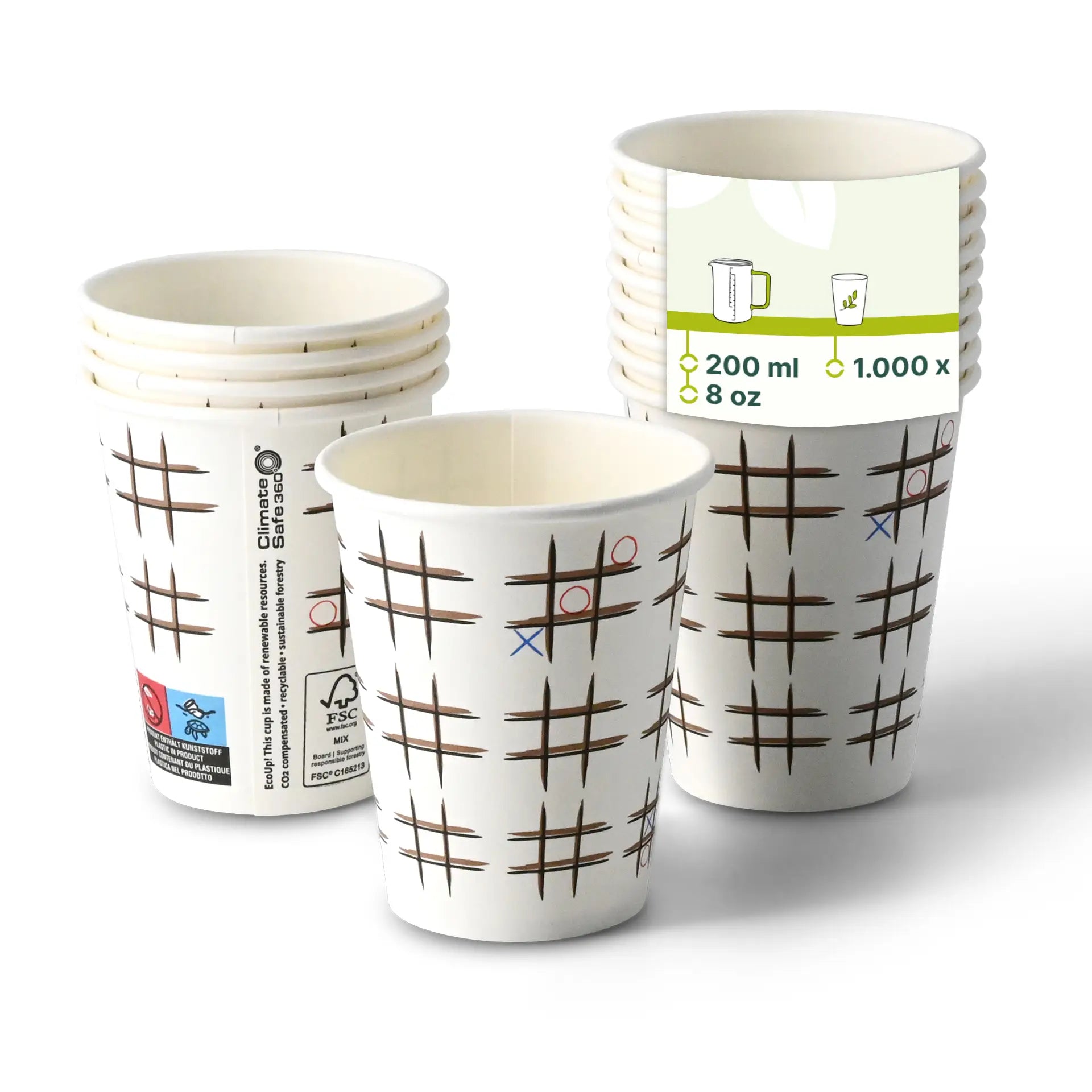 Pappbecher bedruckt "Tic Tac Toe" (beschichtet) 200 ml / 8 oz, Ø 80 mm, weiß