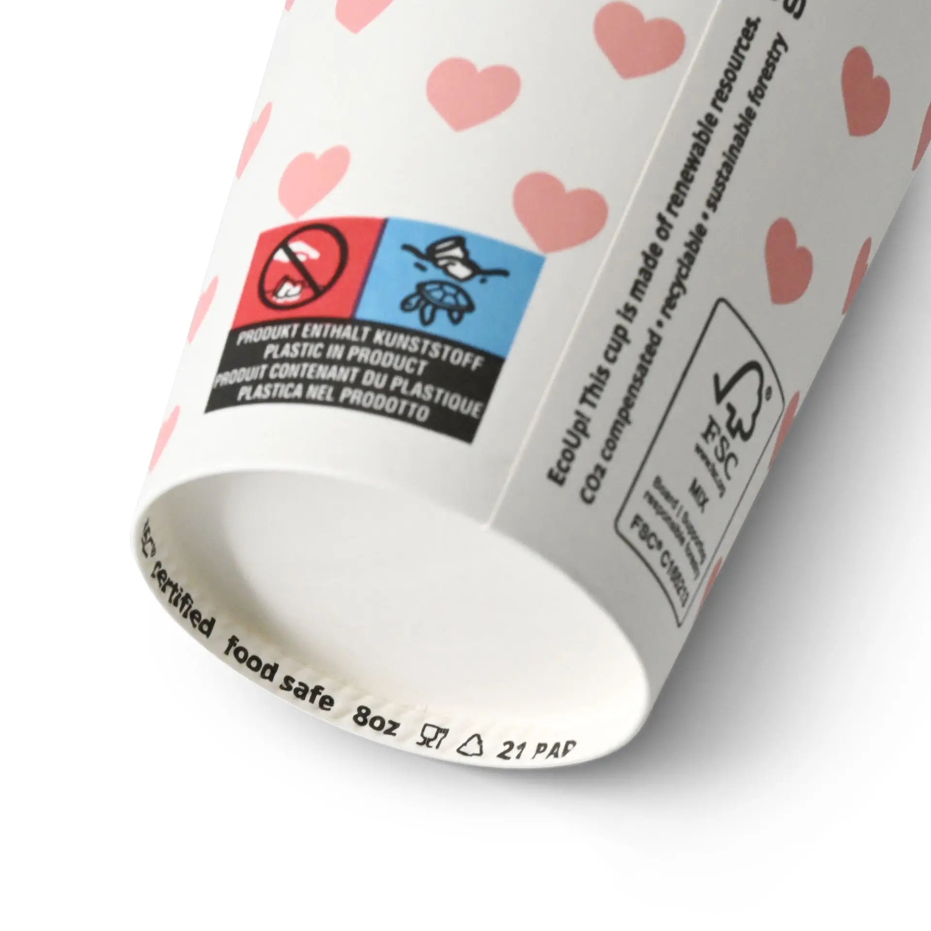 Pappbecher bedruckt "Hearts" (beschichtet) 200 ml / 8 oz, Ø 80 mm, weiß