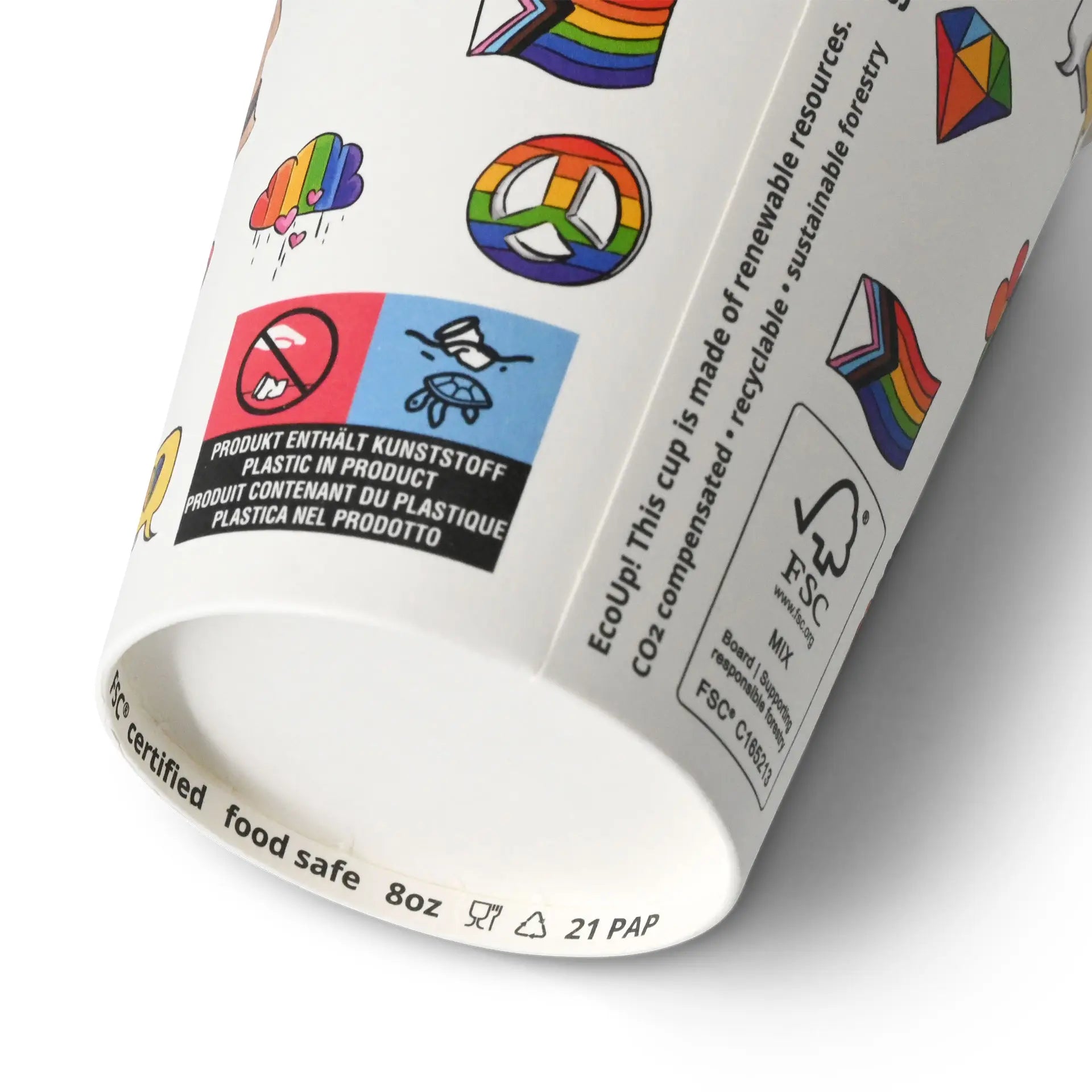 Pappbecher bedruckt "Pride" (beschichtet) 200 ml / 8 oz, Ø 80 mm, weiß