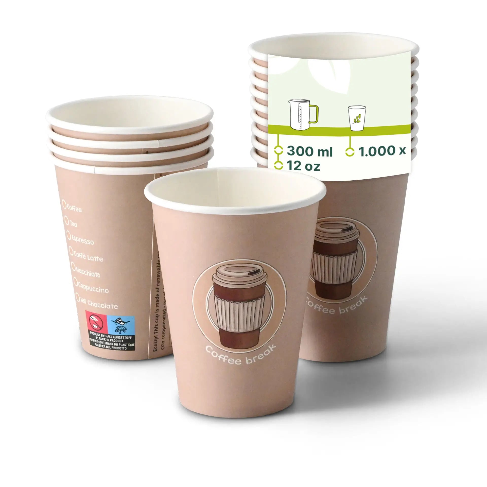 Pappbecher bedruckt "Coffeebreak" (beschichtet) 300 ml / 12 oz, Ø 80 mm, weiß