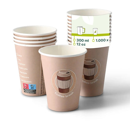 Pappbecher bedruckt "Coffeebreak" (beschichtet) 300 ml / 12 oz, Ø 80 mm, weiß