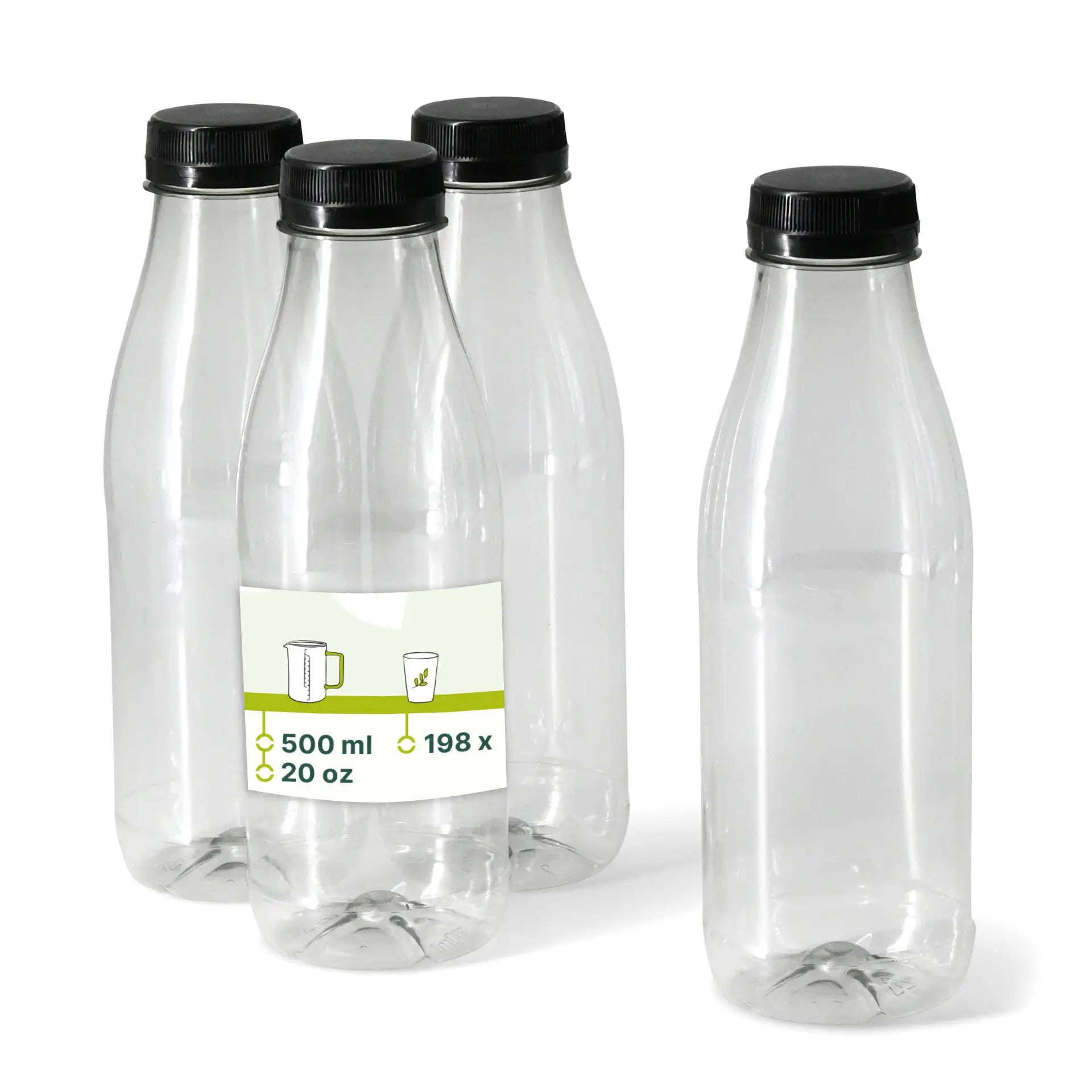 rPET-Flaschen 500 ml, klar, Deckel schwarz
