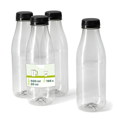 rPET-Flaschen 500 ml, klar, Deckel schwarz