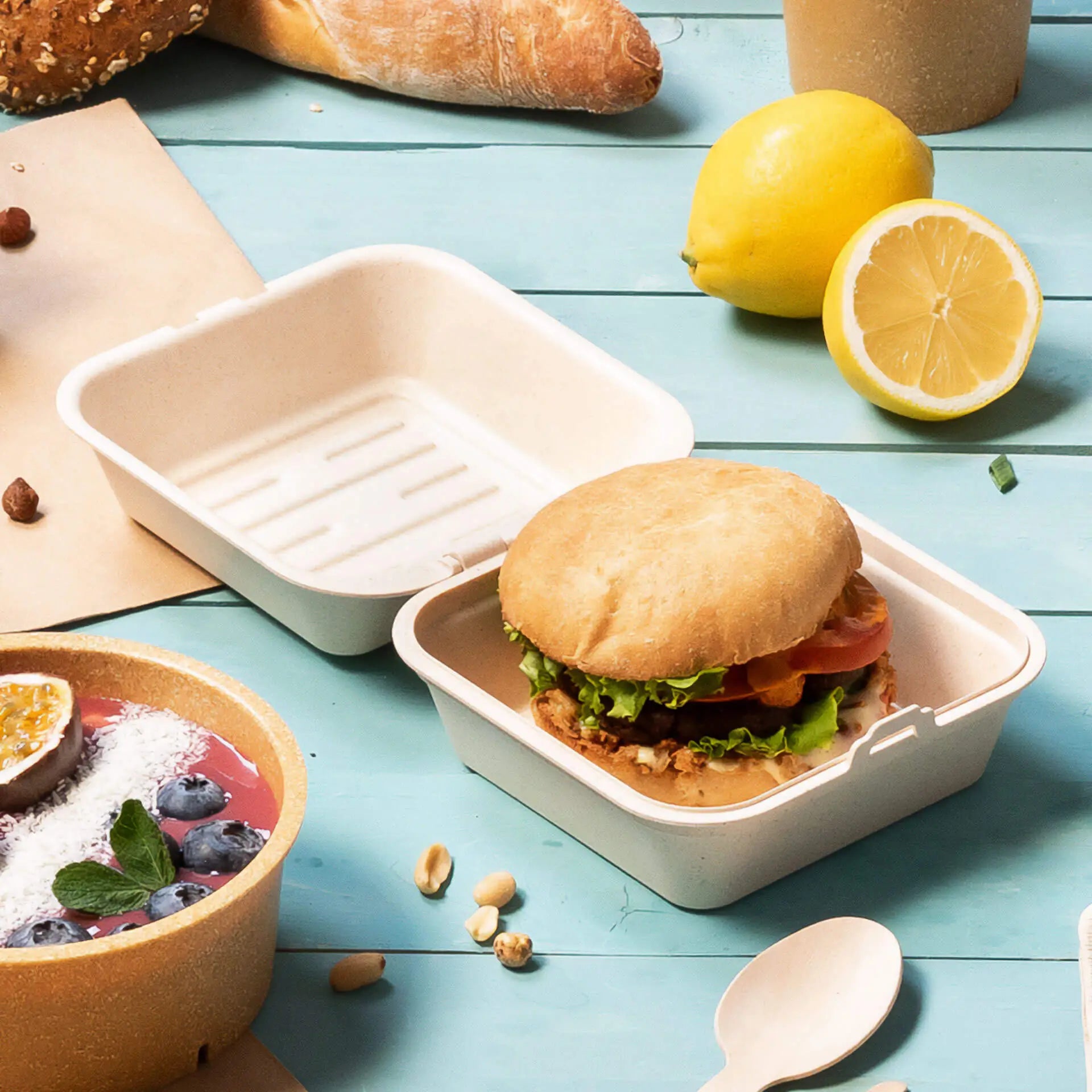 Reusable burger boxes "merways Box" 16 x 15 x 8.5 cm, cashew / creamy white