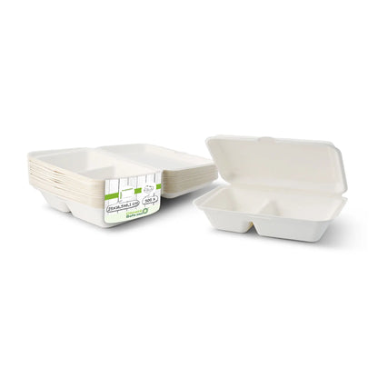 Sugarcane-menu containers 25 x 16,5 x 6,1 cm, 2 compartments, hinged-lid, rectangular