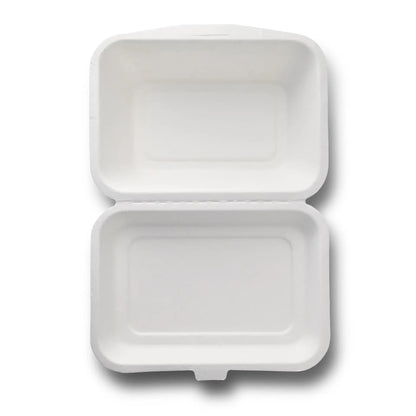 Fast Food Behälter aus Zuckerrohr 18,5 x 13 x 6,5 cm, Klappdeckel, rechteckig