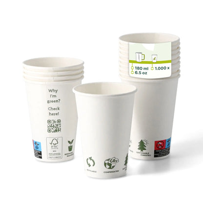 Automaten Becher "EcoUp©"- Icons, 180 ml / 7,5 oz, Ø 70 mm, einwandig, weiß, PLA-beschichtet