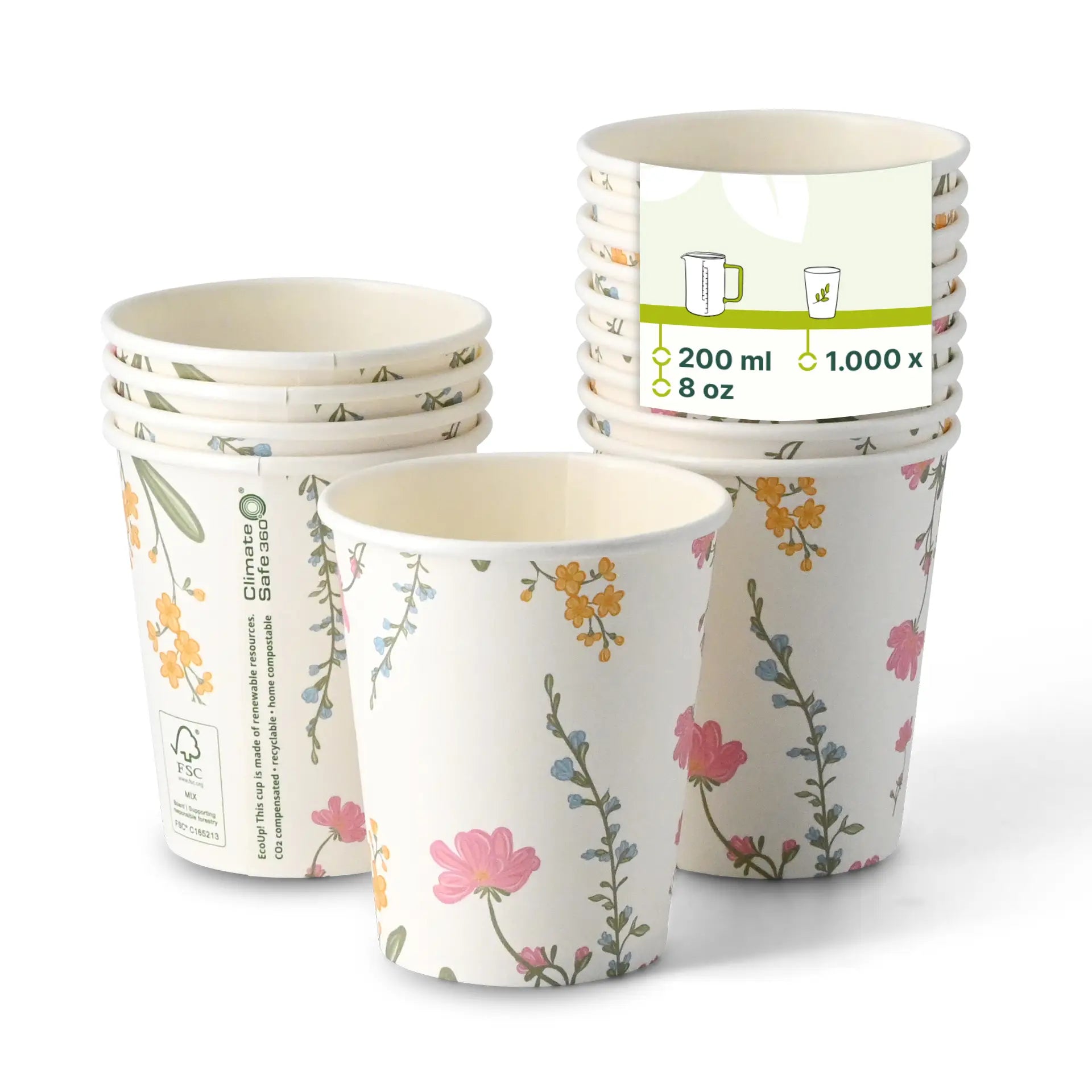 Pappbecher bedruckt "Frühling" 200 ml / 8 oz, Ø 80 mm, weiß