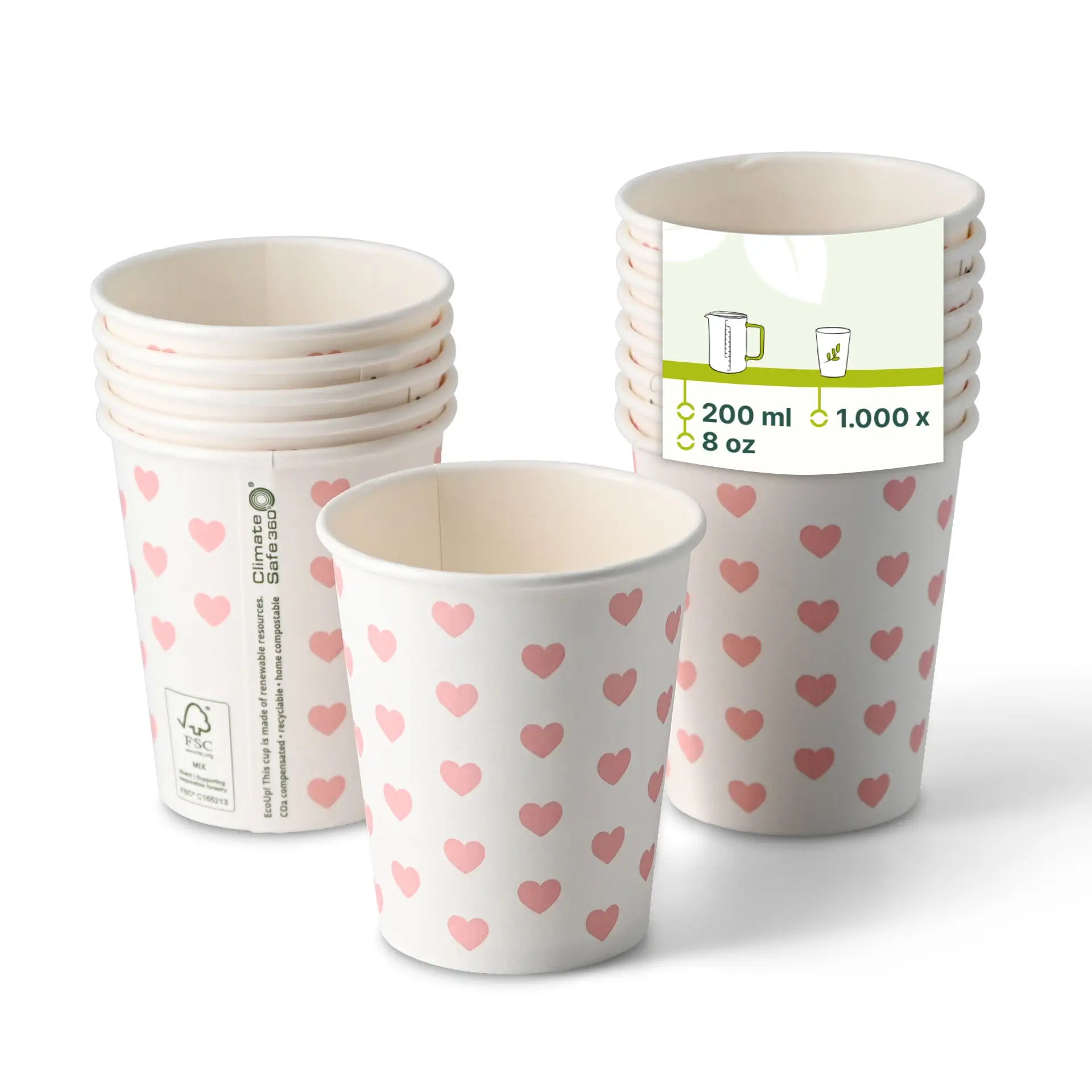 8 oz Paper cup printed with "Hearts", Ø 80 mm, white
