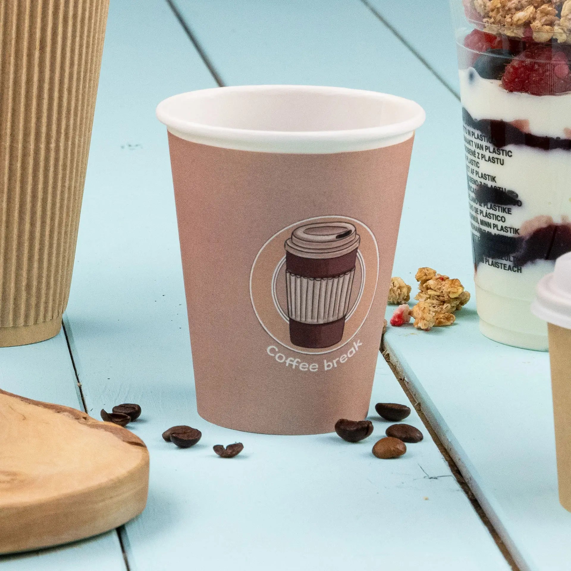 Pappbecher bedruckt "Coffeebreak" 200 ml / 8 oz, Ø 80 mm, weiß
