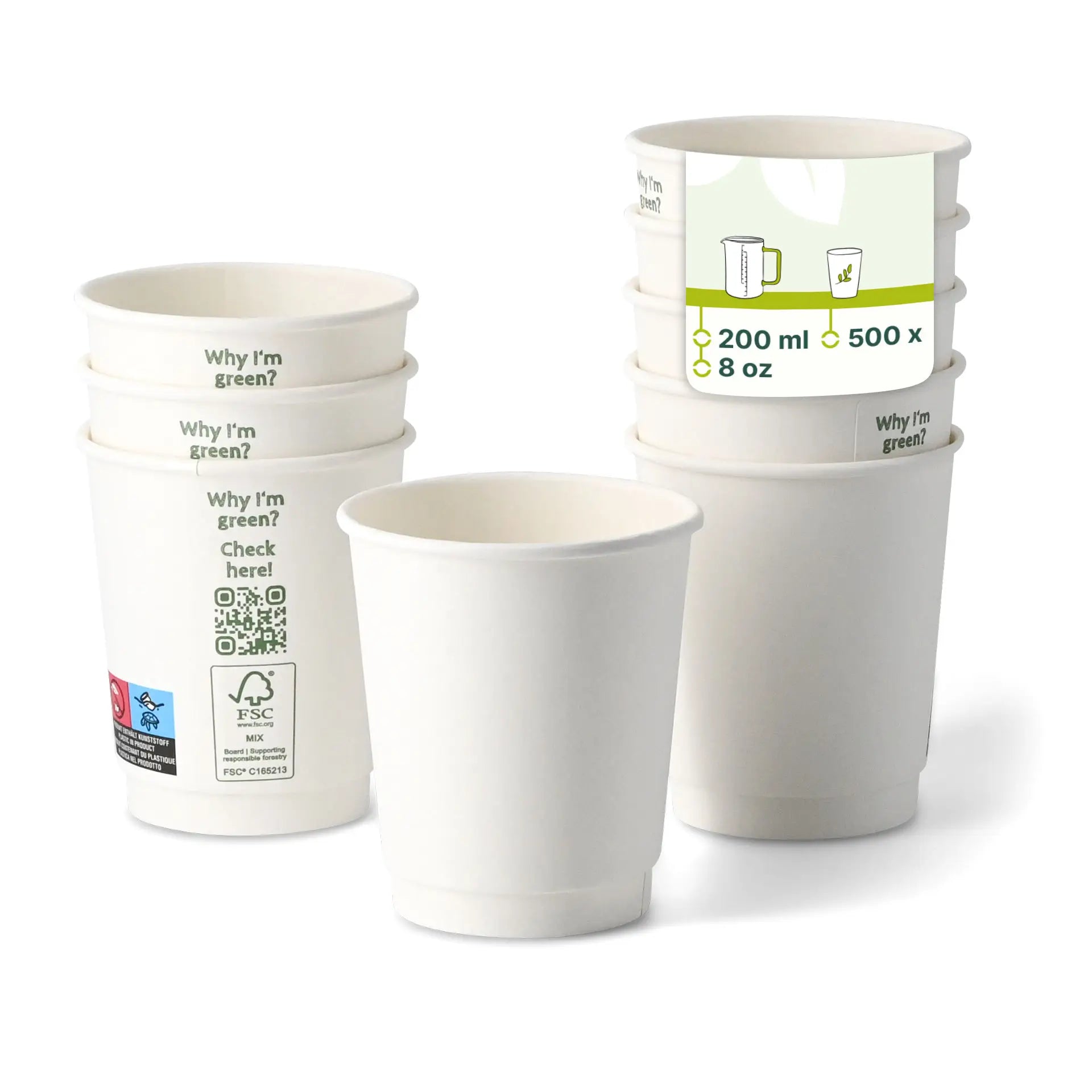 Kaffee to go Becher, 200 ml / 8 oz, Ø 80 mm, doppelwandig, weiß, PLA-beschichtet