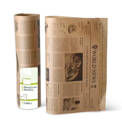 Greaseproof paper 50 x 37.5 cm, newspaper look, kraft