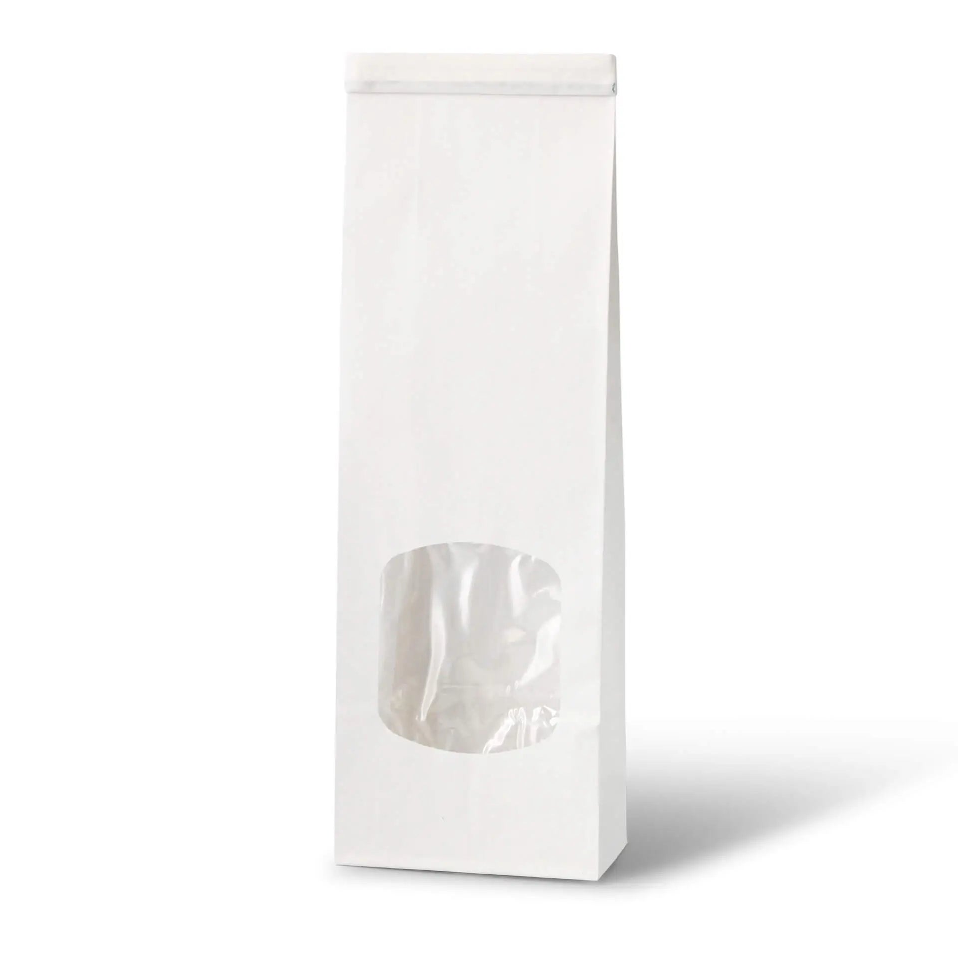Blockbeutel m. Fenster S, 9 x 4,5 x 26 cm, PP-Folie, weiß, Clipband, Kraftpapier