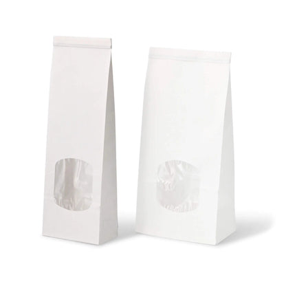 Blockbeutel m. Fenster S, 9 x 4,5 x 26 cm, PP-Folie, weiß, Clipband, Kraftpapier