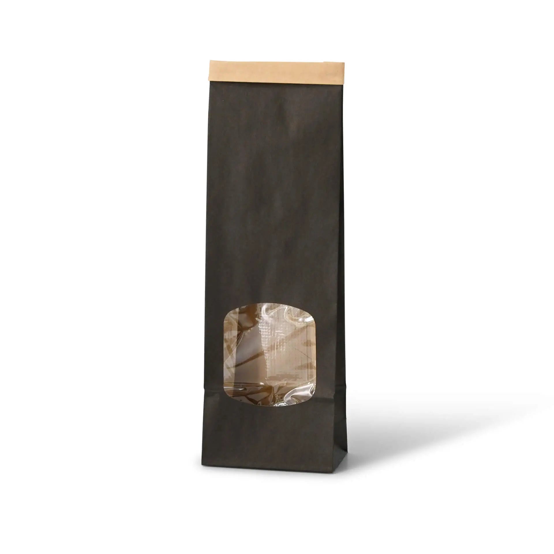 Blockbeutel m. Fenster S, 9 x 4,5 x 26 cm, PP-Folie, schwarz, Clipband, Kraftpapier