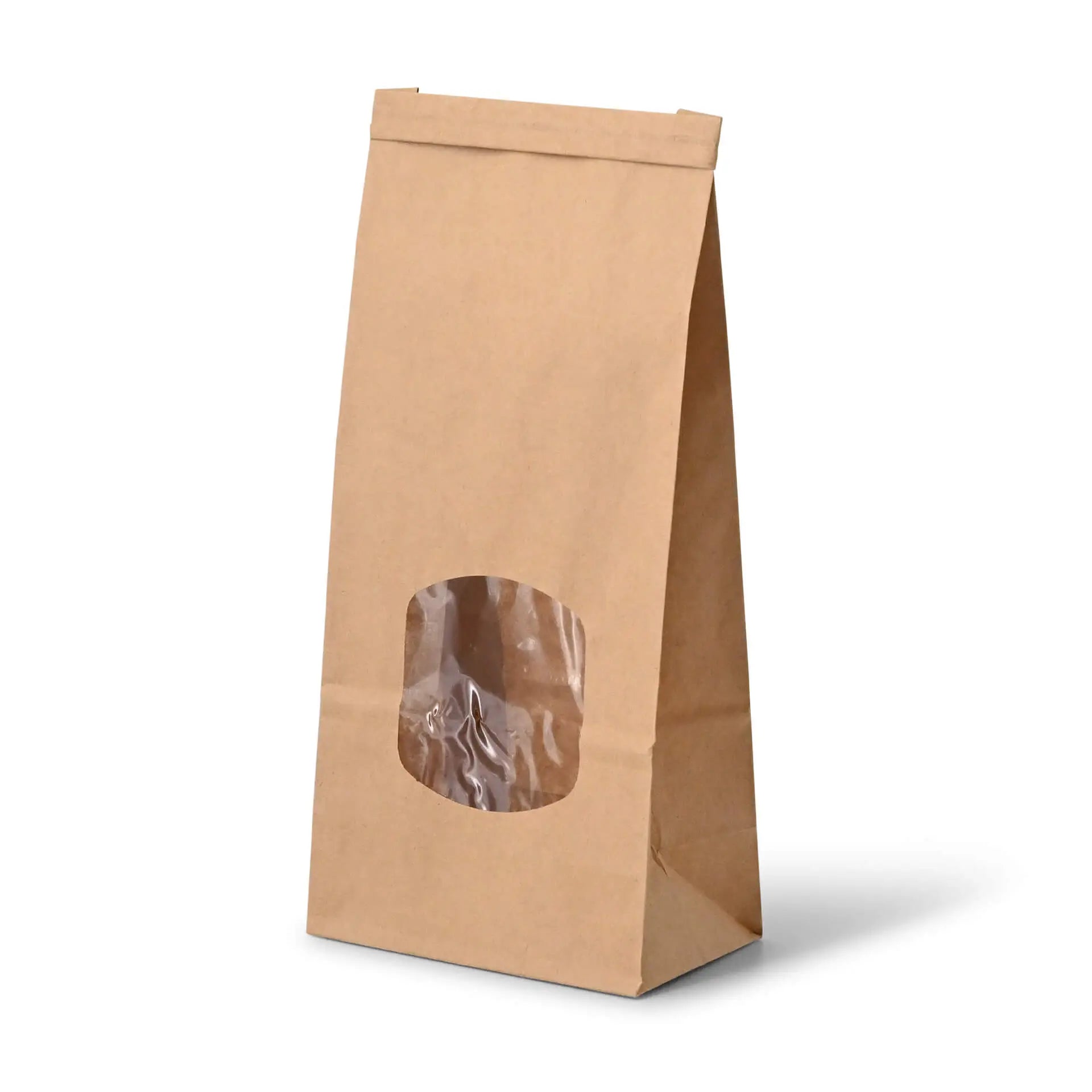 Blockbeutel m. Fenster M, 11,5 x 7 x 24,5 cm, PP-Folie, braun, Clipband, Kraftpapier