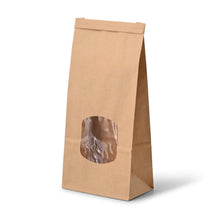 Blockbeutel m. Fenster M, 11,5 x 7 x 24,5 cm, PP-Folie, braun, Clipband, Kraftpapier