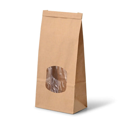 Blockbeutel m. Fenster M, 11,5 x 7 x 24,5 cm, PP-Folie, braun, Clipband, Kraftpapier
