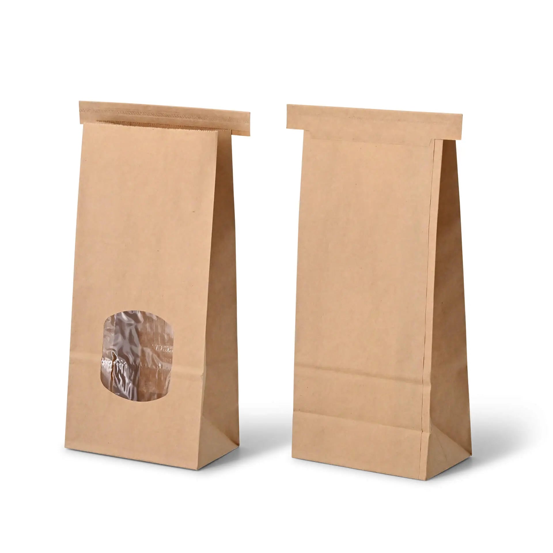Blockbeutel m. Fenster M, 11,5 x 7 x 24,5 cm, PP-Folie, braun, Clipband, Kraftpapier