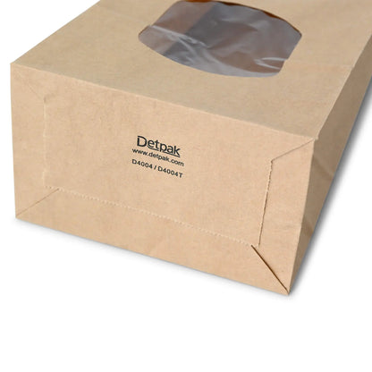 Blockbeutel m. Fenster M, 11,5 x 7 x 24,5 cm, PP-Folie, braun, Clipband, Kraftpapier