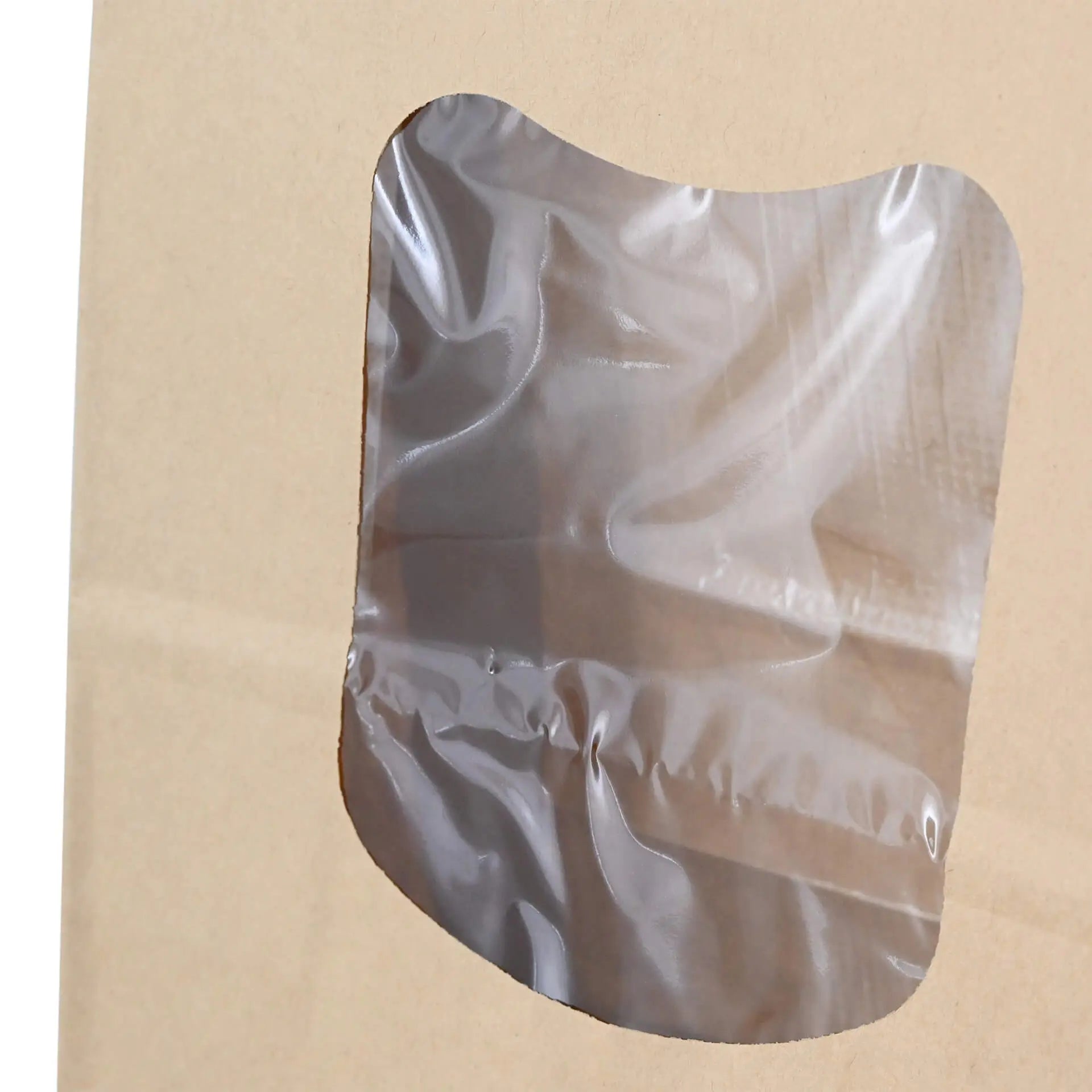 Blockbeutel m. Fenster L, 15,5 x 7 x 24 cm, PP-Folie, braun, Clipband, Kraftpapier