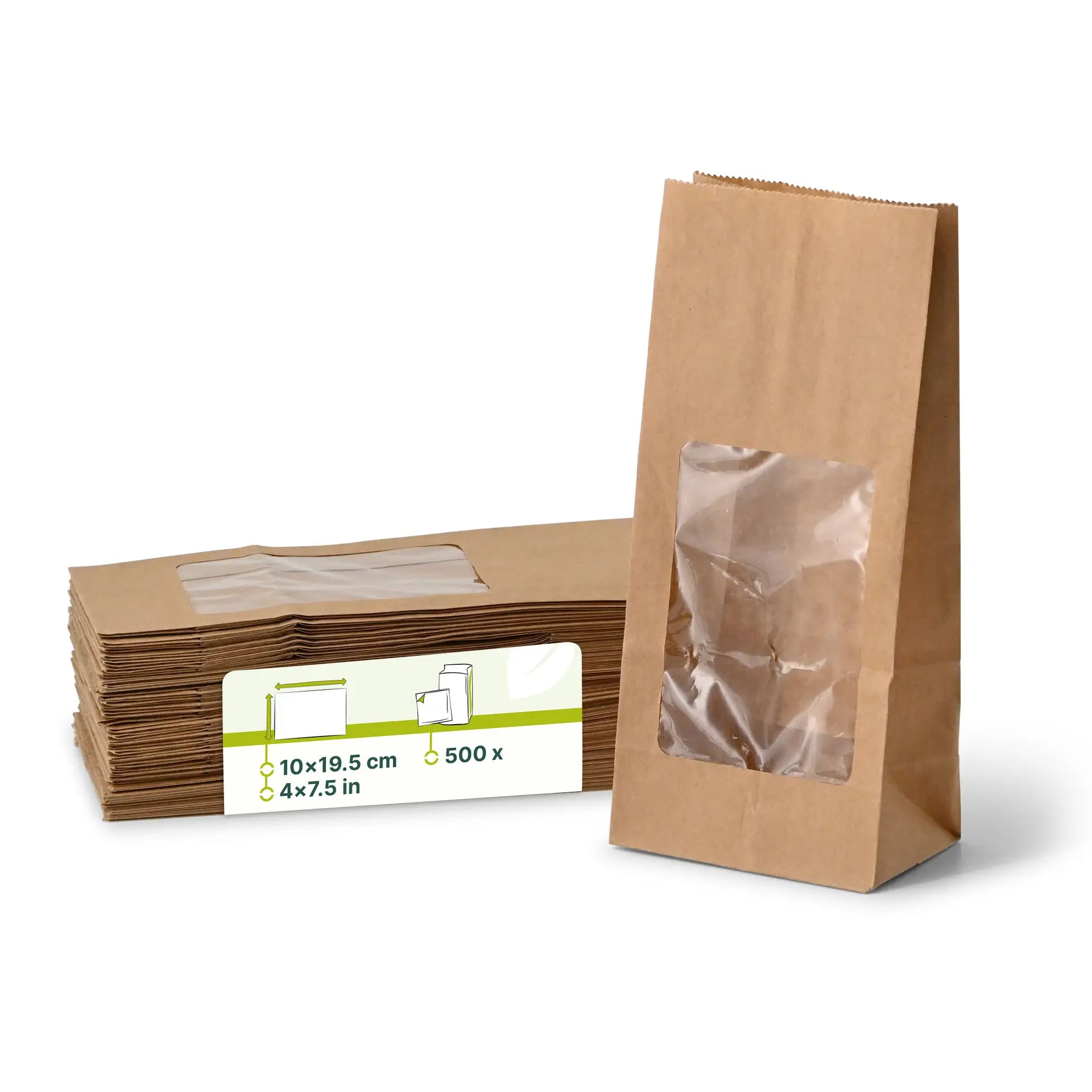 Blockbeutel m. PLA-Fenster S, 10 x 6 x 19,5 cm, braun, Kraftpapier