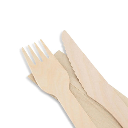 Wooden cutlery sets knife, fork & serviette, 16 cm bio-based coating