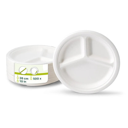 Menüteller aus Zuckerrohr Ø 26 cm, 3 Kammern, rund